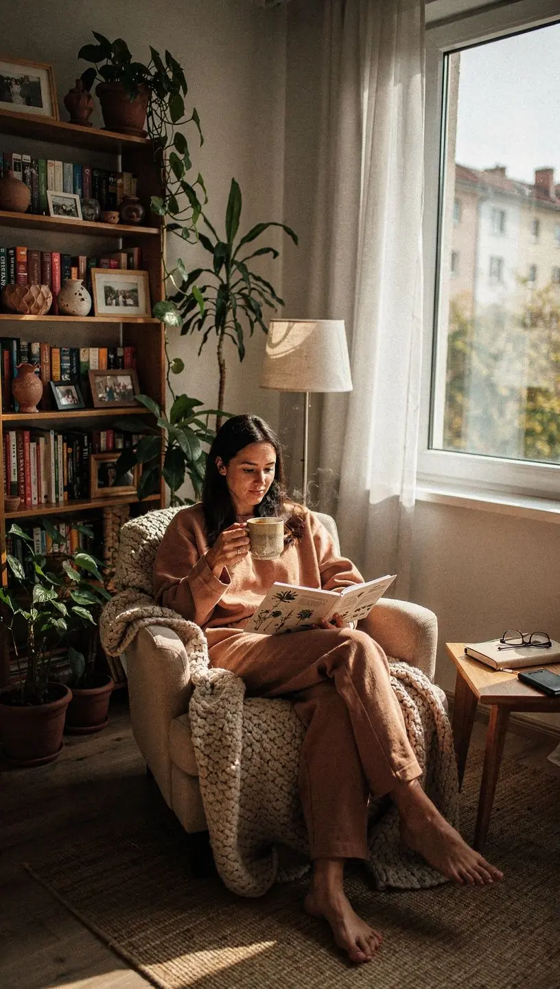Rankos, laikančios šiltą arbatą, fone matyti žolelių sodas ir saulėlydis.