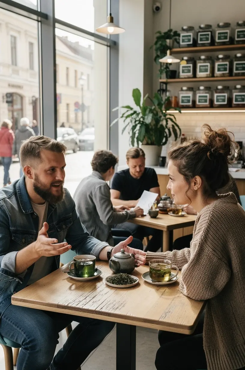 Arbatos lapai ir žiedai, sudarantys natūralų vaistažolių mišinį, ant medinio stalo.