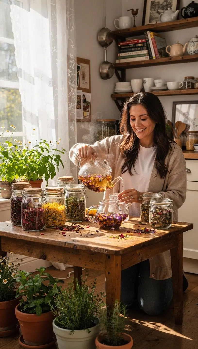 Įvairių žolelių maišeliai ir švieži augalai, paruošti arbatos gamybai.