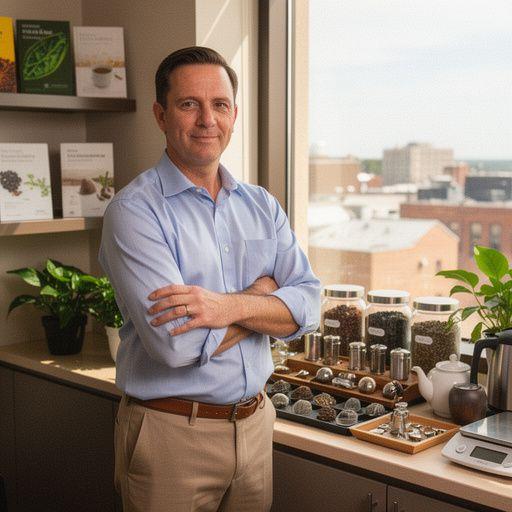 Arbatos puodelis su garuojančiu gėrimu ir žolelių žiedų dekoracija šalia natūralios tekstūros fone.