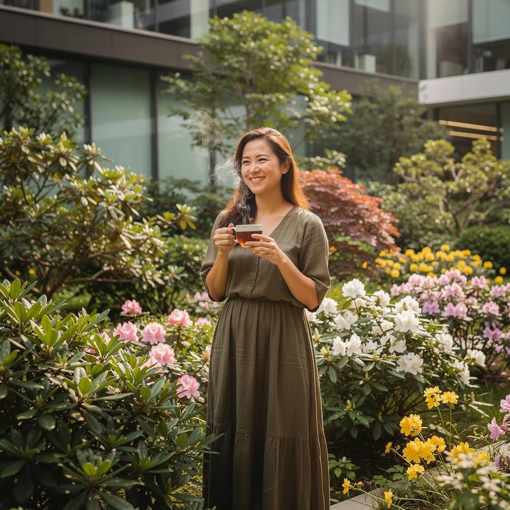Stiklinė šilto žolelių arbatos su šviežių augalų lapais ir žiedais ant medinio stalo.