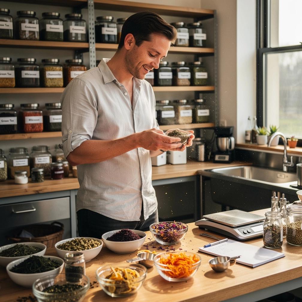 Švieži žolelių lapai ir gėlės, išdėlioti ant balto audinio, skirtas arbatos ruošimui.